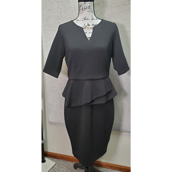 Thalia Sodi Sheath Dress Women Medium Black 3/4 Sleeve Ruffle Waist Keyhole Neck - Picture 1 of 9